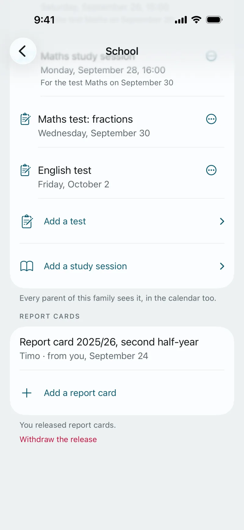 The School screen in the app, section report cards: Report card 2025/26, second half-year, Timo, filed by you on September 24. “Add a report card”. You released report cards. “Withdraw the release”.