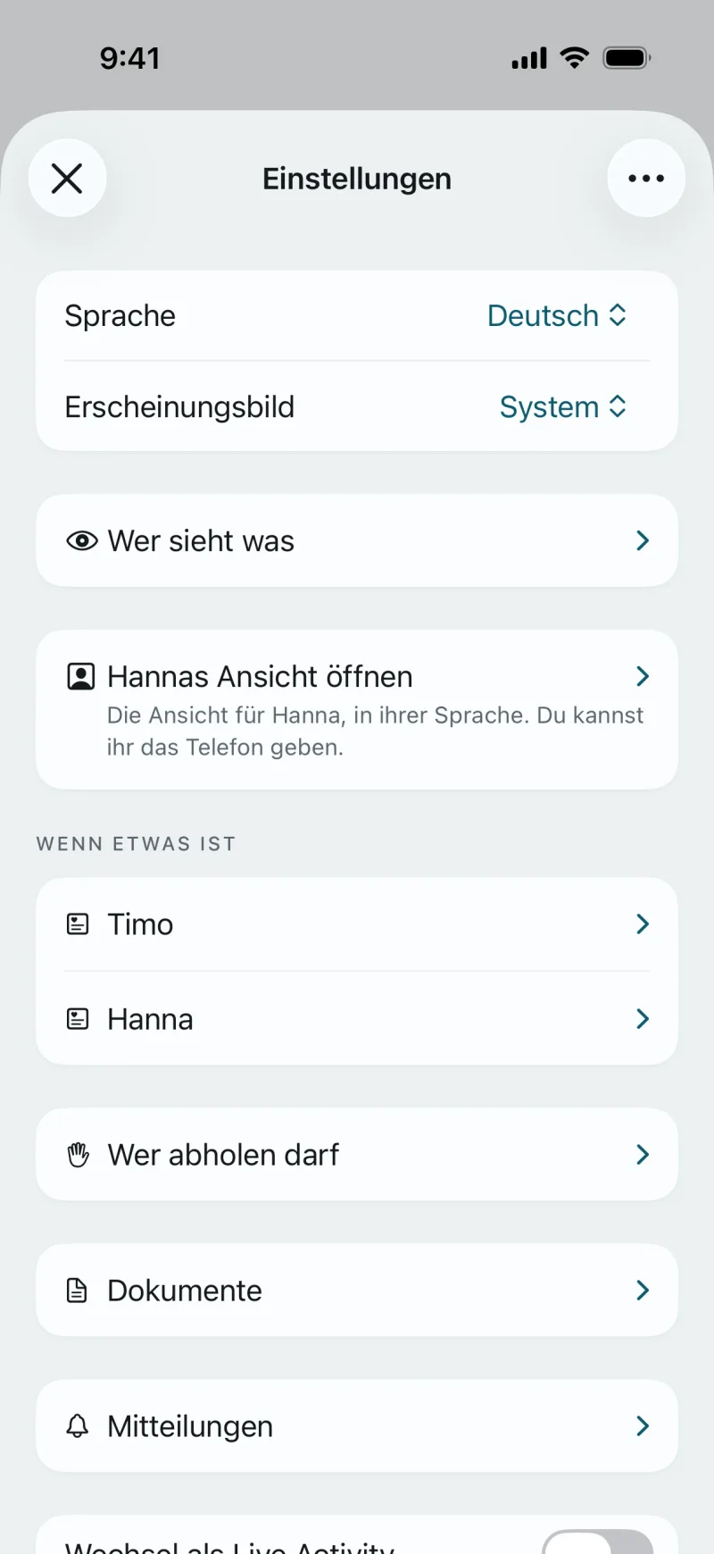 Einstellungen der App: Sprache, Erscheinungsbild, „Wer sieht was“, „Noahs Ansicht öffnen: Die Ansicht für Noah, in seinen Worten. Du kannst ihm das Telefon geben.“ Wenn etwas ist: Jonas, Noah. „Wer abholen darf“, „Dokumente“, „Mitteilungen“.