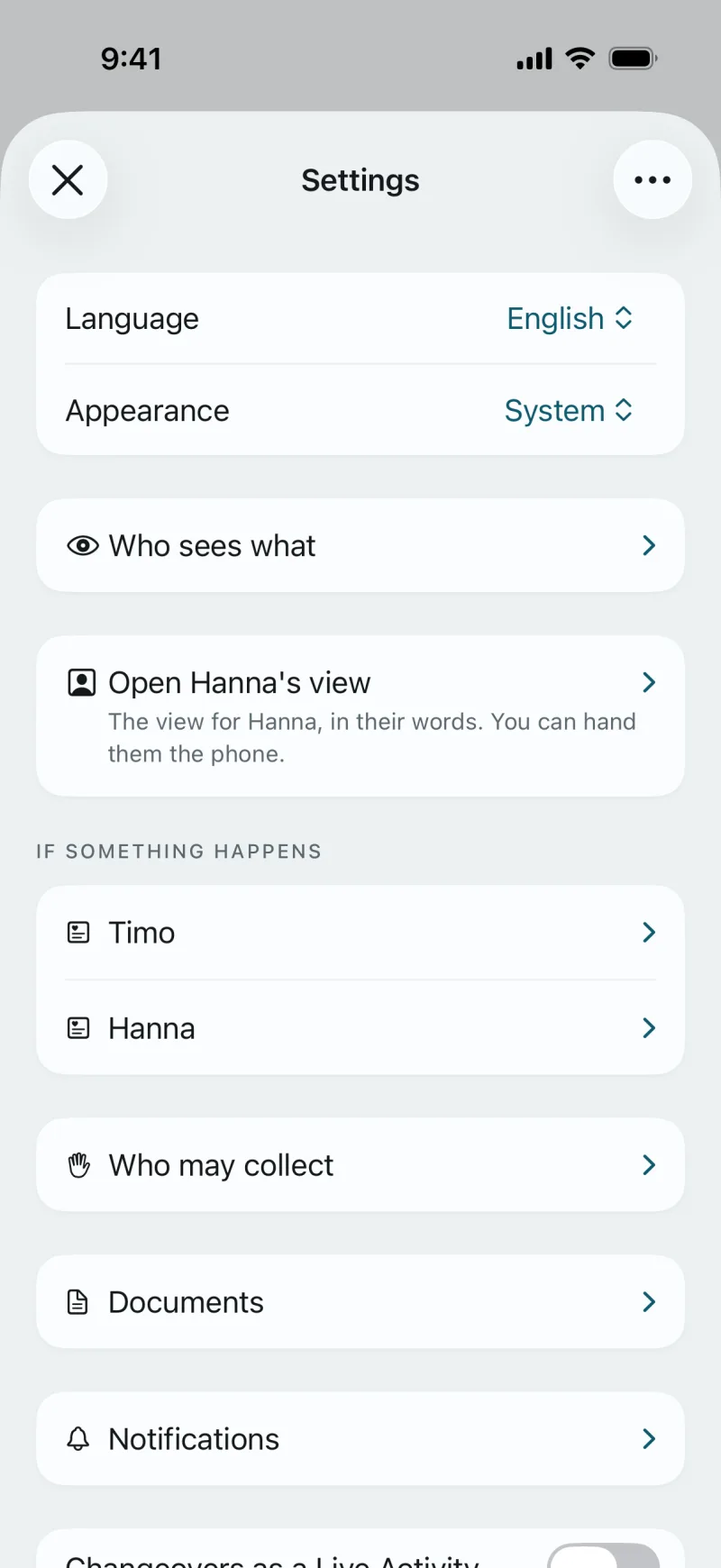 The Settings of the app: language, appearance, “Who sees what”, “Open Hanna’s view: The view for Hanna, in their words. You can hand them the phone.” If something happens: Timo, Hanna. “Who may collect”, “Documents”, “Notifications”.