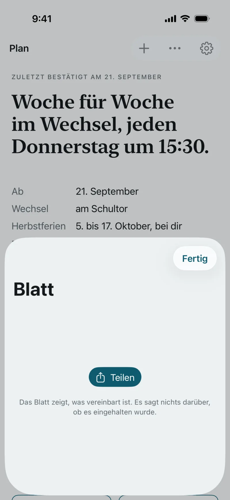 Bildschirm Blatt aus der App: das Blatt zum Plan, mit den Knöpfen „Fertig“ und „Teilen“.