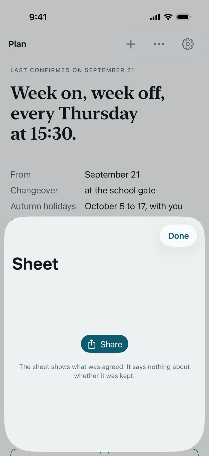 The Sheet screen in the app: the sheet for the plan, with the buttons “Done” and “Share”.