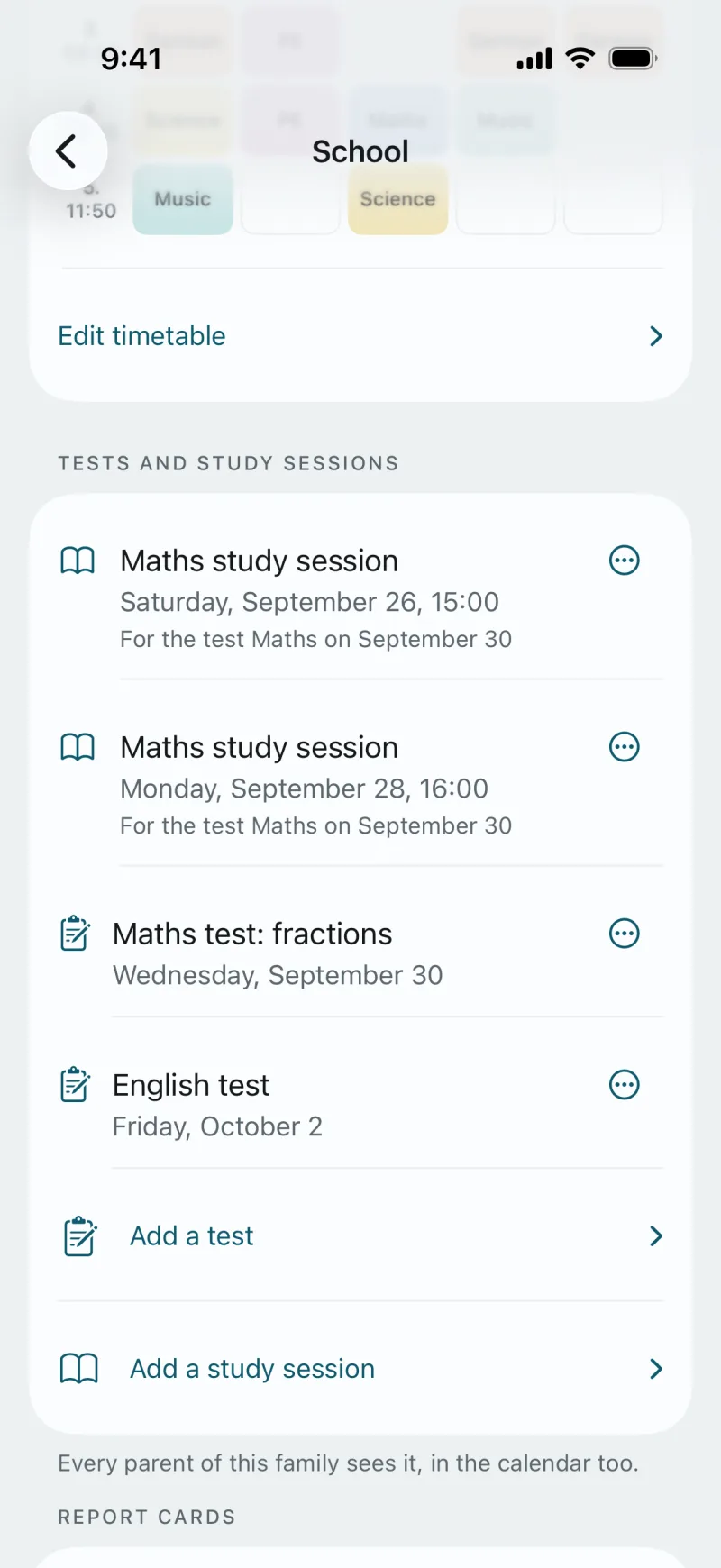 The School screen in the app, tests and study sessions: maths study session on Saturday, September 26, 15:00, and on Monday, September 28, 16:00, for the maths test on September 30. Maths test, fractions, on Wednesday, September 30. English test on Friday, October 2. “Add a test”, “Add a study session”. Every parent of this family sees it, in the calendar too.